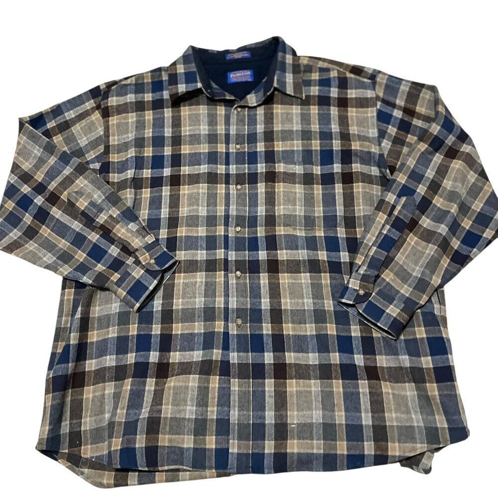Pendleton Blue Plaid 100% Virgin Wool L/S Button Front Shirt Men's Sz XXL